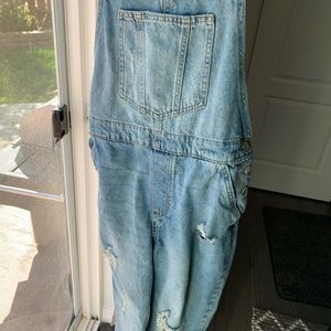 Distressed Denim Overalls Light Wash